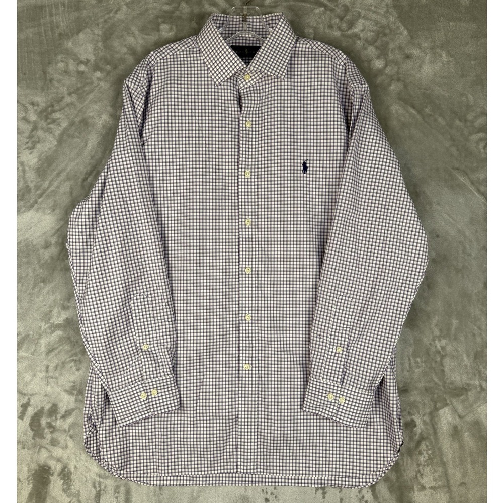 Ralph Lauren Mens Check Button Down Shirt Navy White Purple  Size 16.5 32 33‎